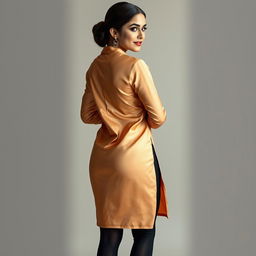 A confident young adult woman of Indian origin posing from the back in an elegant silk satin kurta, her figure accentuated by super tight black stockings that showcase her thick thighs