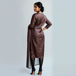 A confident young adult woman of Indian origin posing from the back in an elegant silk satin kurta, her figure accentuated by super tight black stockings that showcase her thick thighs