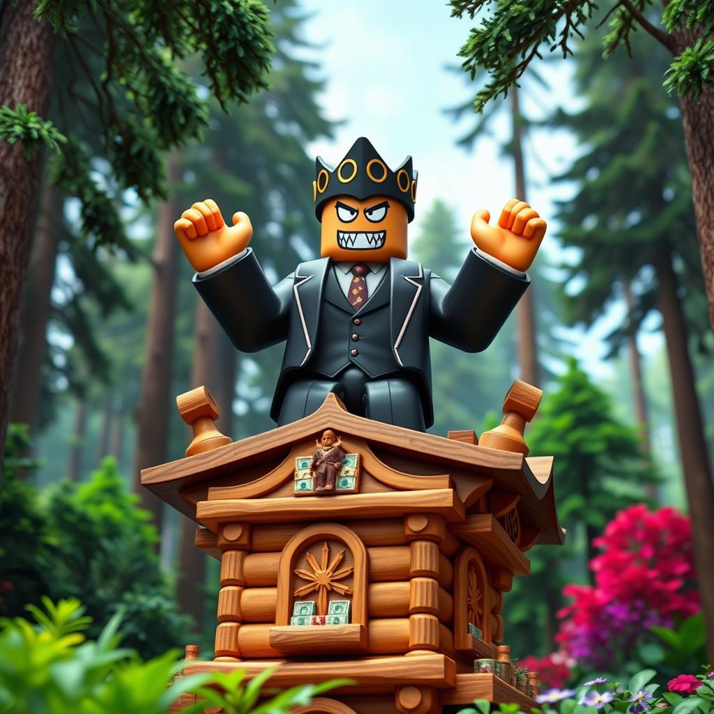 A distant view of an evil rich boss Roblox character with iconic square hands, triumphantly standing atop a wooden tycoon structure, raising both hands in celebration