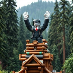 A distant view of an evil rich boss Roblox character with iconic square hands, triumphantly standing atop a wooden tycoon structure, raising both hands in celebration