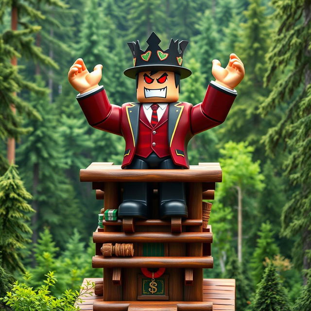 A distant view of an evil rich boss Roblox character with iconic square hands, triumphantly standing atop a wooden tycoon structure, raising both hands in celebration