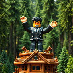 A distant view of an evil rich boss Roblox character with iconic square hands, triumphantly standing atop a wooden tycoon structure, raising both hands in celebration