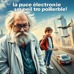 A movie poster titled 'La puce électronique un peu trop puissante!' featuring the two main characters: an elderly professor with wild white hair and a large white beard, wearing slightly unusual scientific grey glasses and a disheveled white lab coat