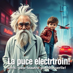 A movie poster titled 'La puce électronique un peu trop puissante!' featuring the two main characters: an elderly professor with wild white hair and a large white beard, wearing slightly unusual scientific grey glasses and a disheveled white lab coat