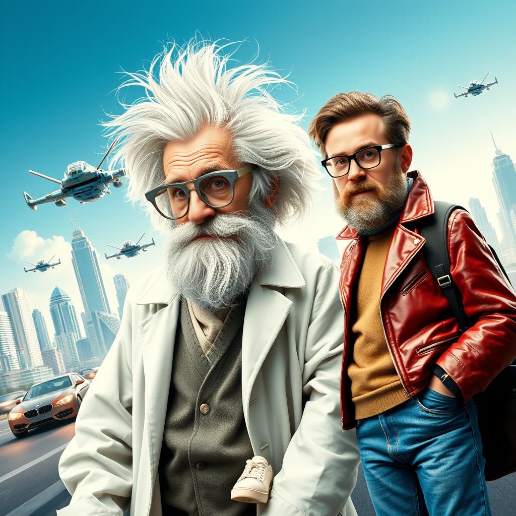 A movie poster titled 'La puce électronique un peu trop puissante!' featuring the two main characters: an elderly professor with wild white hair and a large white beard, wearing slightly unusual scientific grey glasses and a disheveled white lab coat