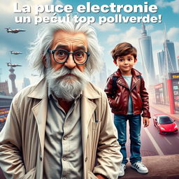 A movie poster titled 'La puce électronique un peu trop puissante!' featuring the two main characters: an elderly professor with wild white hair and a large white beard, wearing slightly unusual scientific grey glasses and a disheveled white lab coat