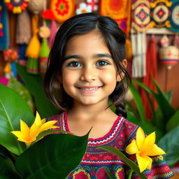 A beautiful young girl representing a blend of Venezuelan and Spanish ethnic features, with dark brown hair and warm brown eyes