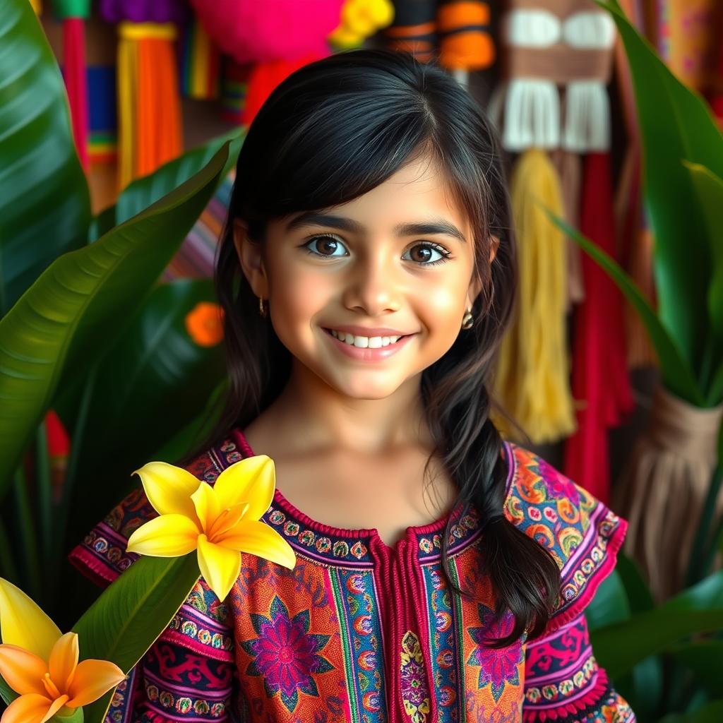 A beautiful young girl representing a blend of Venezuelan and Spanish ethnic features, with dark brown hair and warm brown eyes