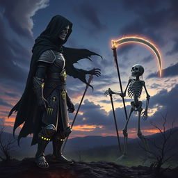 A dramatic scene depicting a humanoid figure facing off against a skeletal figure representing death