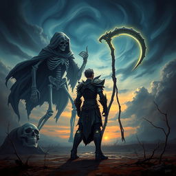 A dramatic scene depicting a humanoid figure facing off against a skeletal figure representing death