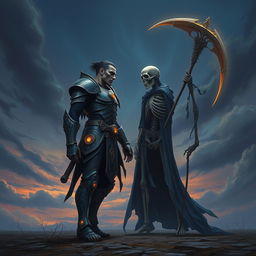 A dramatic scene depicting a humanoid figure facing off against a skeletal figure representing death