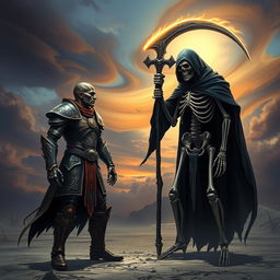 A dramatic scene depicting a humanoid figure facing off against a skeletal figure representing death