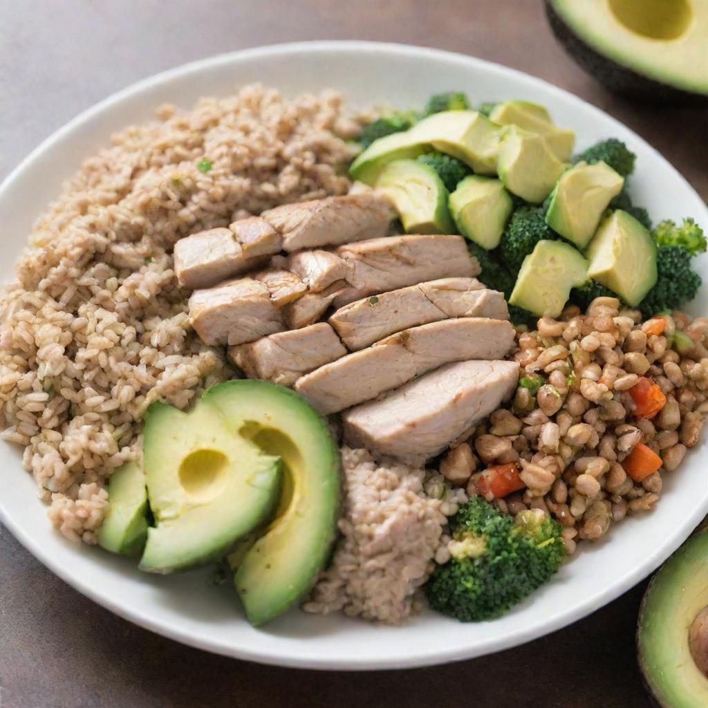 A plate of the best weight-loss meal consisting of steamed veggies, grilled chicken, whole grains, and avocado.