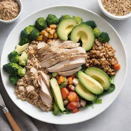 A plate of the best weight-loss meal consisting of steamed veggies, grilled chicken, whole grains, and avocado.