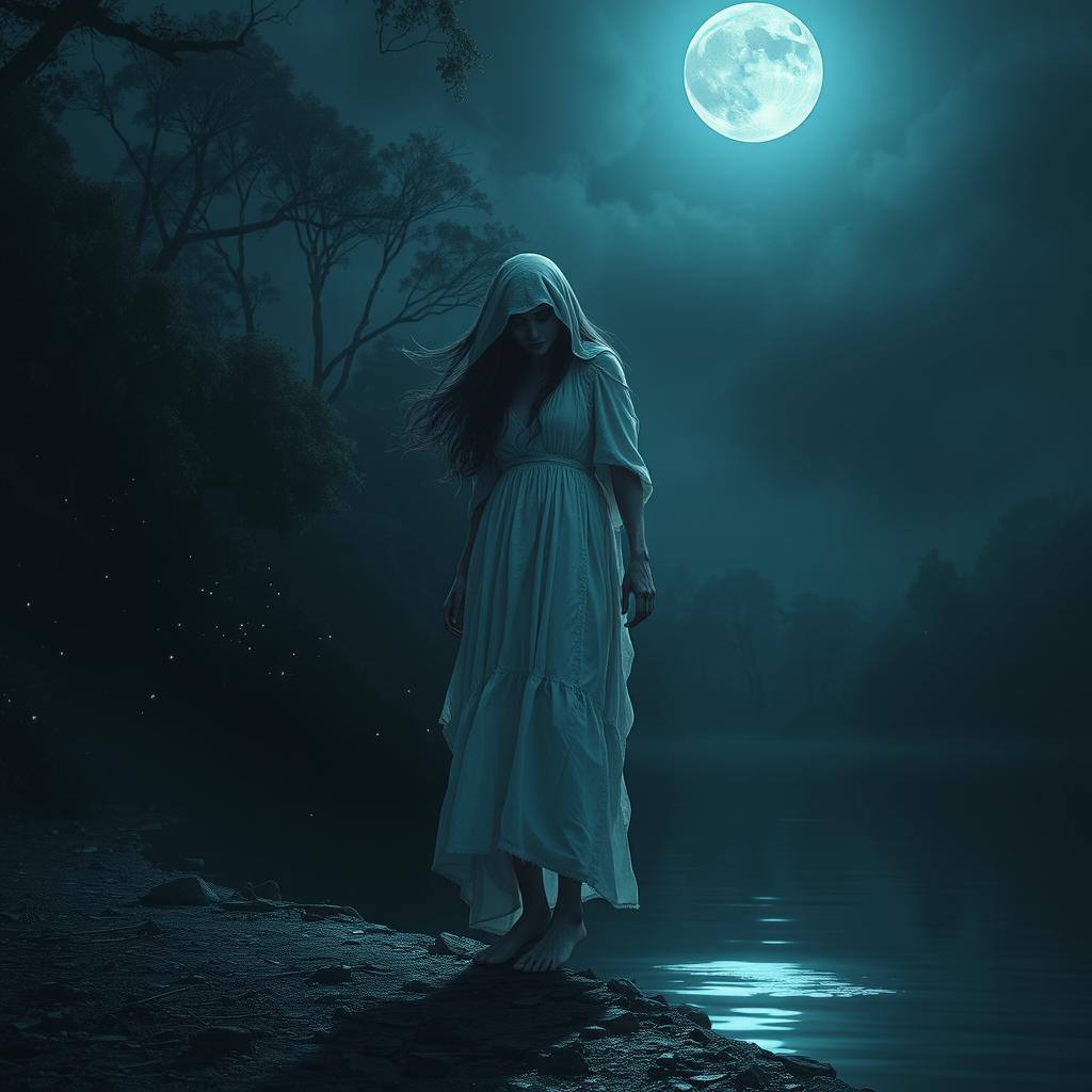 A hyper-realistic depiction of La Llorona, known as La Pata Sola in Latin American folklore