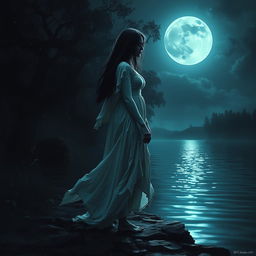 A hyper-realistic depiction of La Llorona, known as La Pata Sola in Latin American folklore