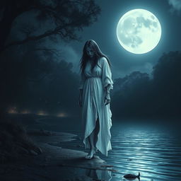 A hyper-realistic depiction of La Llorona, known as La Pata Sola in Latin American folklore