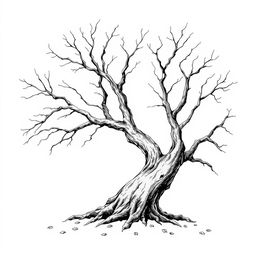 A hand-drawn black and white illustration with fine lines of a dead tree, showcasing its intricate and gnarled branches