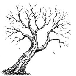 A hand-drawn black and white illustration with fine lines of a dead tree, showcasing its intricate and gnarled branches