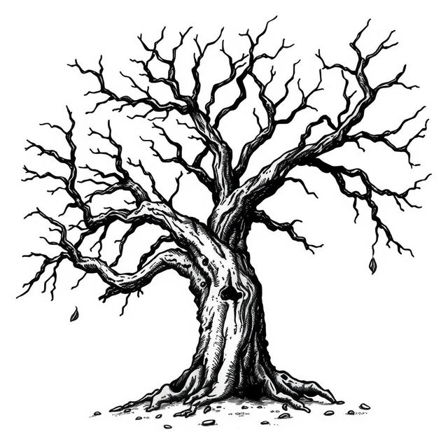 A hand-drawn black and white illustration with fine lines of a dead tree, showcasing its intricate and gnarled branches