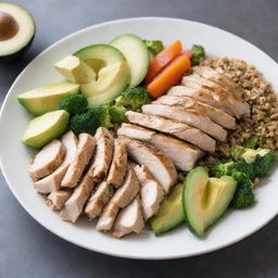 A plate of the best weight-loss meal consisting of steamed veggies, grilled chicken, whole grains, and avocado.