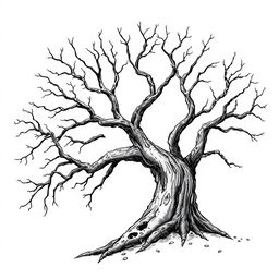 A hand-drawn black and white illustration with fine lines of a dead tree, showcasing its intricate and gnarled branches