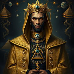 A striking portrait of Anuel, depicted as an Illuminati figure, dressed in luxurious, intricately designed golden robes adorned with the Eye of Providence