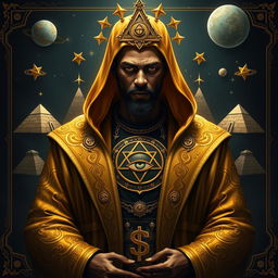 A striking portrait of Anuel, depicted as an Illuminati figure, dressed in luxurious, intricately designed golden robes adorned with the Eye of Providence