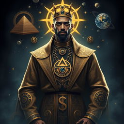 A striking portrait of Anuel, depicted as an Illuminati figure, dressed in luxurious, intricately designed golden robes adorned with the Eye of Providence