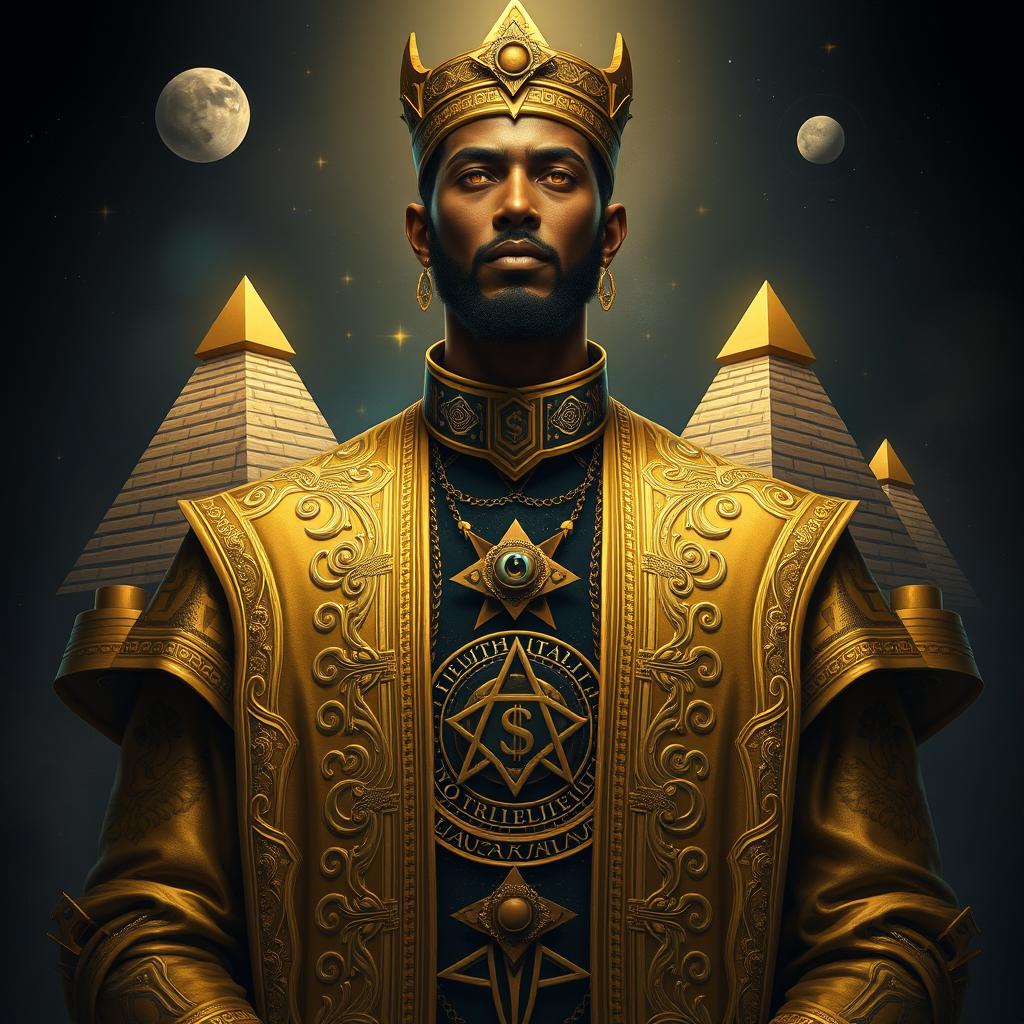 A striking portrait of Anuel, depicted as an Illuminati figure, dressed in luxurious, intricately designed golden robes adorned with the Eye of Providence