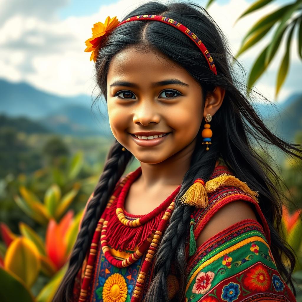 A beautifully detailed portrait of a young Indigenous girl from Venezuela, showcasing a blend of Araya ethnicity and features reflecting both Venezuelan and Spanish descent