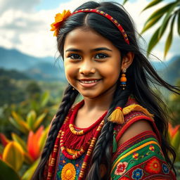 A beautifully detailed portrait of a young Indigenous girl from Venezuela, showcasing a blend of Araya ethnicity and features reflecting both Venezuelan and Spanish descent