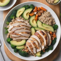 A plate of the best weight-loss meal consisting of steamed veggies, grilled chicken, whole grains, and avocado.