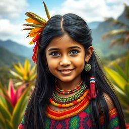 A beautifully detailed portrait of a young Indigenous girl from Venezuela, showcasing a blend of Araya ethnicity and features reflecting both Venezuelan and Spanish descent