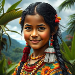 A beautifully detailed portrait of a young Indigenous girl from Venezuela, showcasing a blend of Araya ethnicity and features reflecting both Venezuelan and Spanish descent