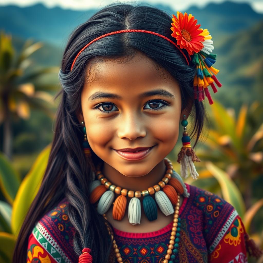 A beautifully detailed portrait of a young Indigenous girl from Venezuela, showcasing a blend of Araya ethnicity and features reflecting both Venezuelan and Spanish descent