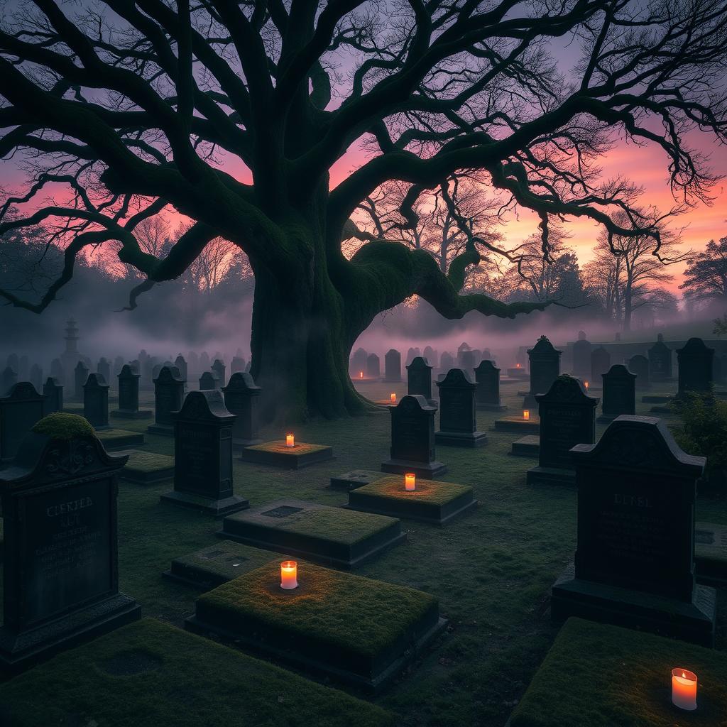 A serene and hauntingly beautiful cemetery at dusk, with ancient tombstones covered in soft moss and ivy