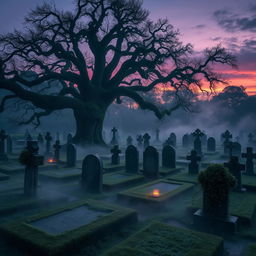 A serene and hauntingly beautiful cemetery at dusk, with ancient tombstones covered in soft moss and ivy