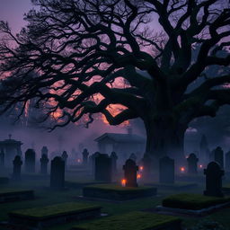 A serene and hauntingly beautiful cemetery at dusk, with ancient tombstones covered in soft moss and ivy