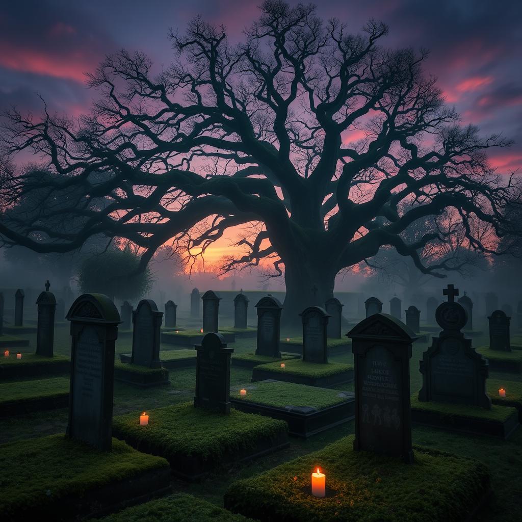 A serene and hauntingly beautiful cemetery at dusk, with ancient tombstones covered in soft moss and ivy