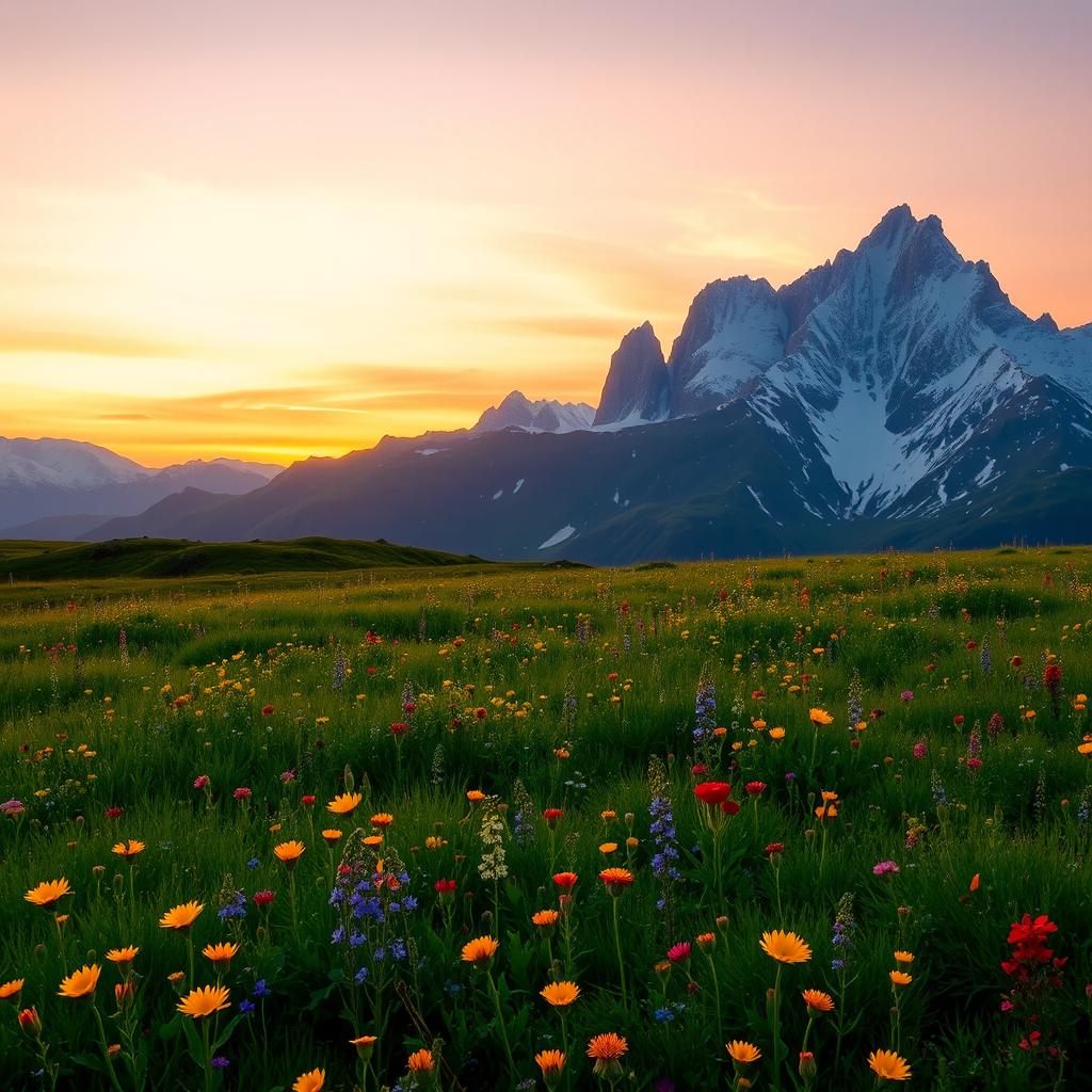 A breathtaking soft sunset over snow-kissed mountains, with a gradient sky transitioning from warm orange to soft pink and deep blue