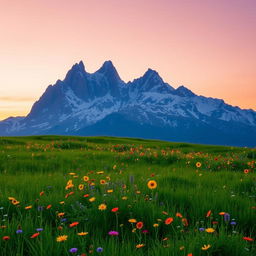 A breathtaking soft sunset over snow-kissed mountains, with a gradient sky transitioning from warm orange to soft pink and deep blue