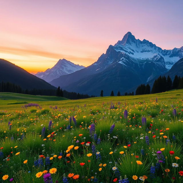 A breathtaking soft sunset over snow-kissed mountains, with a gradient sky transitioning from warm orange to soft pink and deep blue