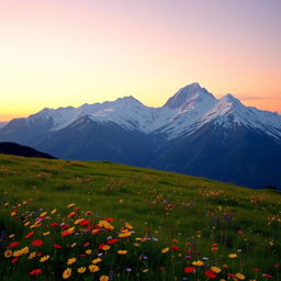 A breathtaking soft sunset over snow-kissed mountains, with a gradient sky transitioning from warm orange to soft pink and deep blue