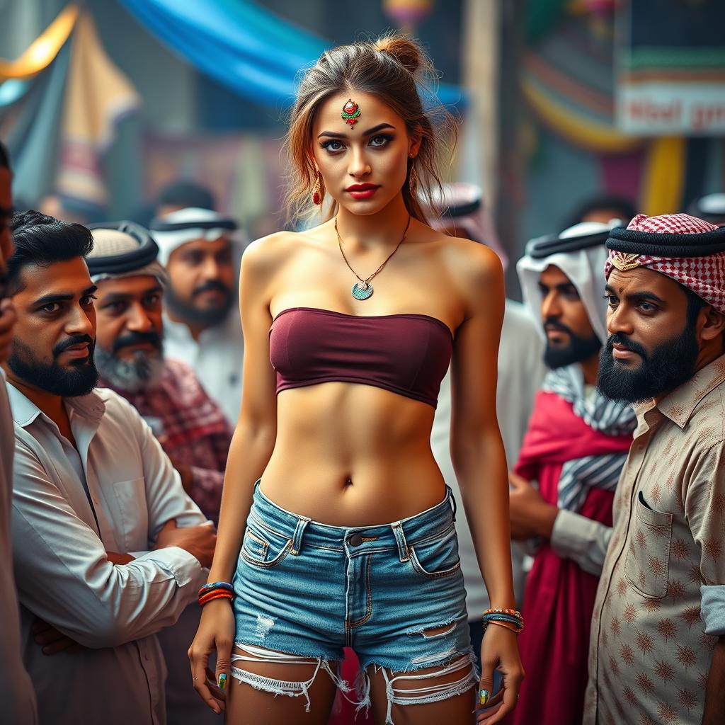 A striking portrait of a Russian woman adorned with a colorful bindi on her forehead, confidently wearing stylish torn shorts