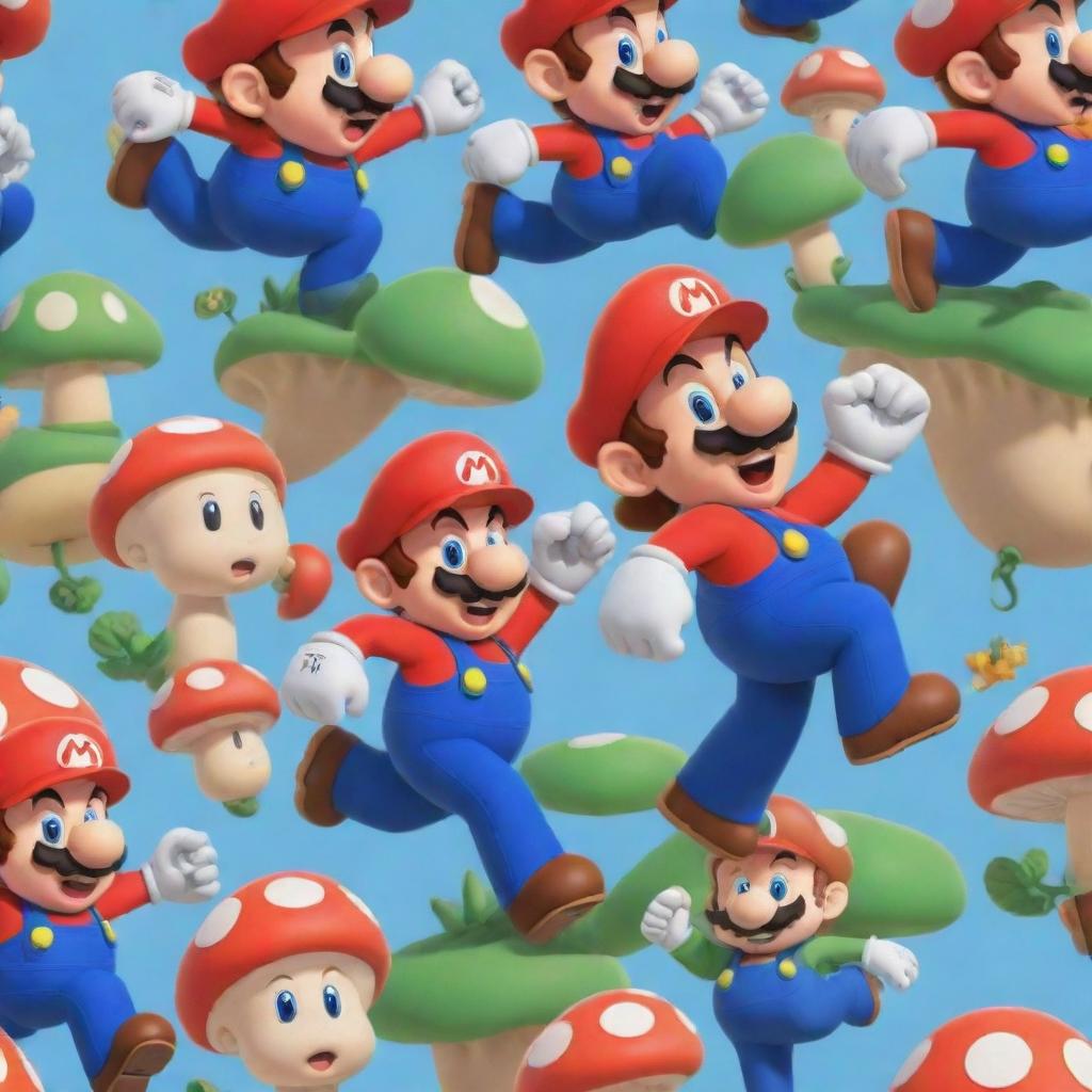 Animated cartoon version of Super Mario Bros characters including Mario and Luigi in their signature outfits, adventuring through the vibrant Mushroom Kingdom