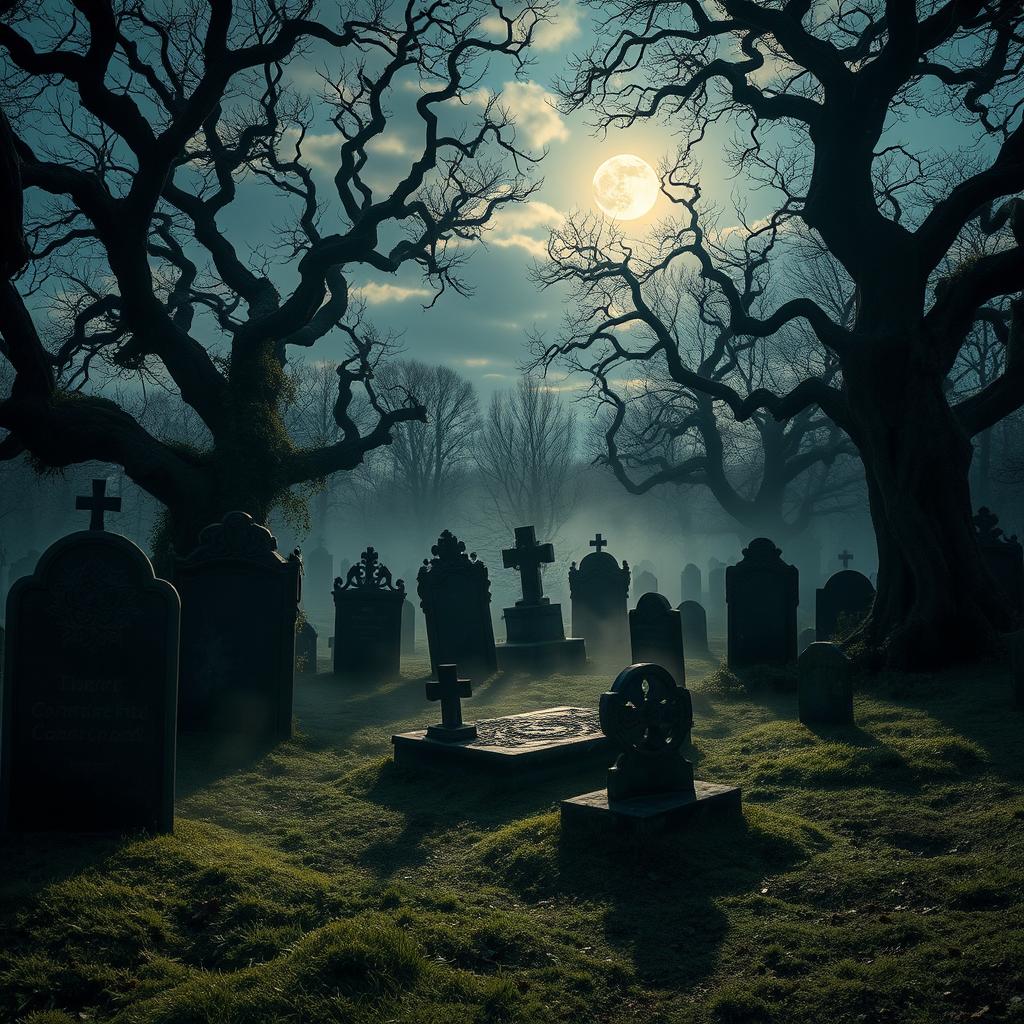 A mystical, eerie cemetery at dusk, surrounded by ancient, gnarled trees