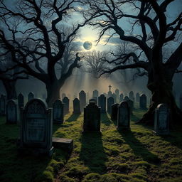 A mystical, eerie cemetery at dusk, surrounded by ancient, gnarled trees