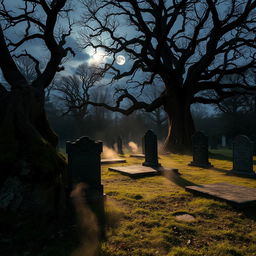 A mystical, eerie cemetery at dusk, surrounded by ancient, gnarled trees