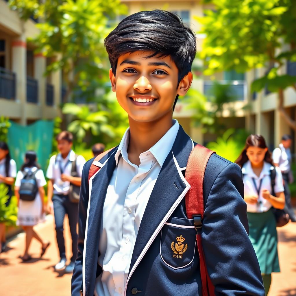 A vibrant scene depicting a 15-year-old Indian origin teenager in a crisp school uniform, exuding youthful energy and enthusiasm